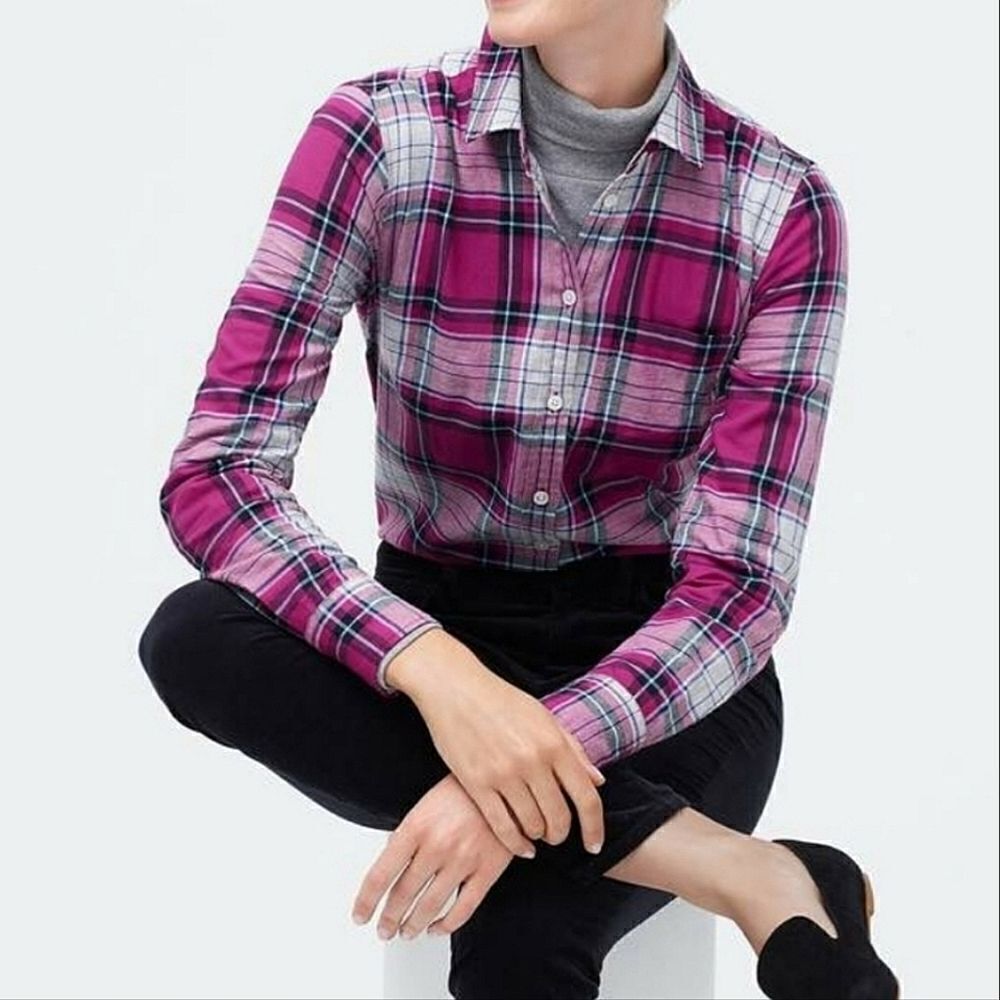 J. Crew Women's Pink Plaid Flannel Button-Down Cotton Shirt
